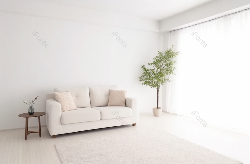 白色简约风室内装修阳光光线窗帘绿植盆栽和沙发室内图像摄影,高清,摄影图,摄影图片,图片大全,摄影图免费下载